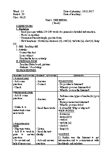 Giáo án Tiếng Anh Khối 9 - Tuần 15 - Năm học 2017-2018 - Trường THCS Ngô Quang Nhã