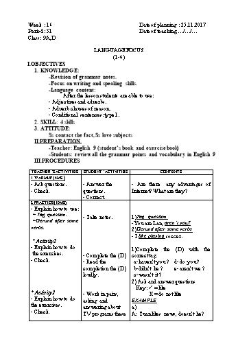 Giáo án Tiếng Anh Khối 9 - Tuần 16 - Năm học 2017-2018 - Trường THCS Ngô Quang Nhã
