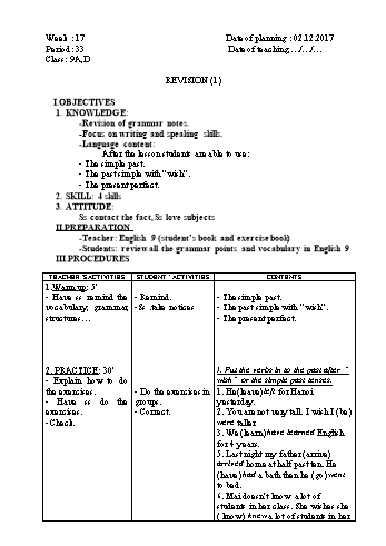Giáo án Tiếng Anh Khối 9 - Tuần 17 - Năm học 2017-2018 - Trường THCS Ngô Quang Nhã