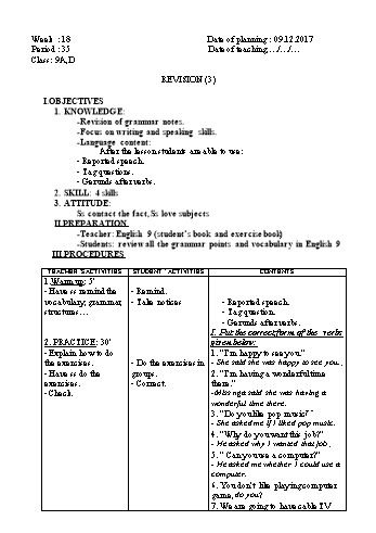 Giáo án Tiếng Anh Khối 9 - Tuần 18 - Năm học 2017-2018 - Trường THCS Ngô Quang Nhã