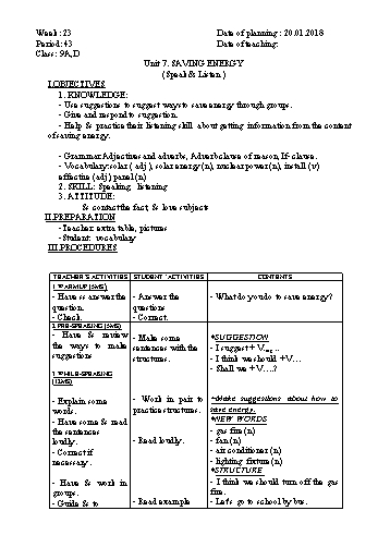 Giáo án Tiếng Anh Khối 9 - Tuần 23 - Năm học 2017-2018 - Trường THCS Ngô Quang Nhã