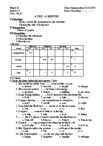 Giáo án Tiếng Anh Khối 9 - Tuần 25 - Năm học 2017-2018 - Trường THCS Ngô Quang Nhã