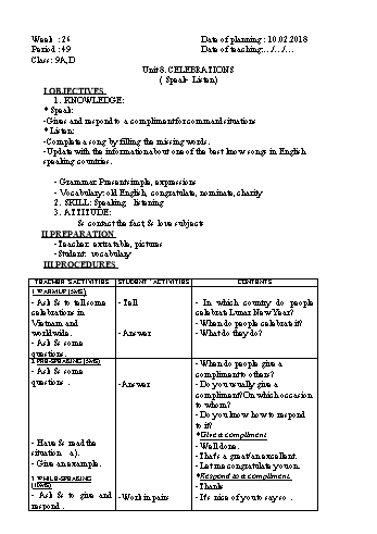 Giáo án Tiếng Anh Khối 9 - Tuần 26 - Năm học 2017-2018 - Trường THCS Ngô Quang Nhã