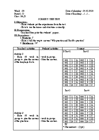 Giáo án Tiếng Anh Khối 9 - Tuần 28 - Năm học 2017-2018 - Trường THCS Ngô Quang Nhã