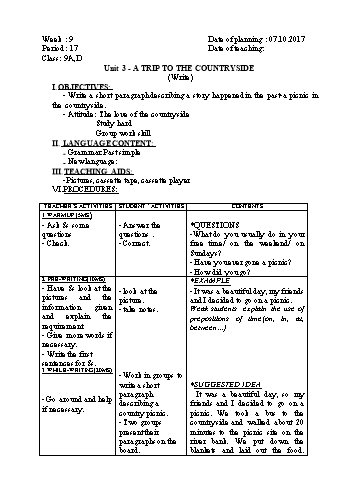 Giáo án Tiếng Anh Khối 9 - Tuần 9 - Năm học 2017-2018 - Trường THCS Ngô Quang Nhã