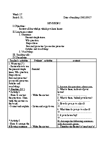 Giáo án Tiếng Anh Lớp 6 - Tuần 17 - Năm học 2017-2018 - Trường THCS Ngô Quang Nhã