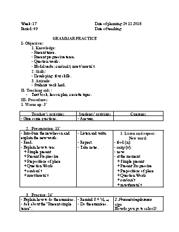 Giáo án Tiếng Anh Lớp 6 - Tuần 17 - Năm học 2018-2019 - Trường THCS Ngô Quang Nhã