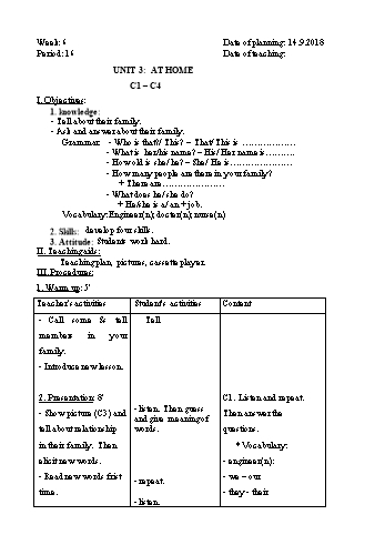 Giáo án Tiếng Anh Lớp 6 - Tuần 6 - Năm học 2018-2019 - Trường THCS Ngô Quang Nhã