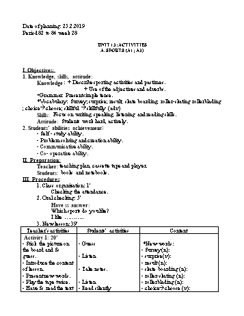 Giáo án Tiếng Anh Lớp 7 - Tuần 28 - Năm học 2018-2019 - Trường THCS Ngô Quang Nhã