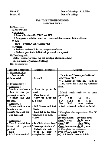 Giáo án Tiếng Anh Lớp 8 - Tuần 15 - Năm học 2018-2019 - Trường THCS Ngô Quang Nhã