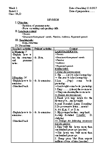 Giáo án Tiếng Anh Lớp 9 - Tuần 1 - Năm học 2017-2018 - Trường THCS Ngô Quang Nhã