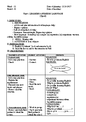 Giáo án Tiếng Anh Lớp 9 - Tuần 11 - Năm học 2017-2018 - Trường THCS Ngô Quang Nhã