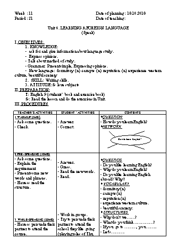 Giáo án Tiếng Anh Lớp 9 - Tuần 11 - Năm học 2018-2019 - Trường THCS Ngô Quang Nhã