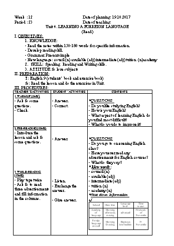 Giáo án Tiếng Anh Lớp 9 - Tuần 12 - Năm học 2017-2018 - Trường THCS Ngô Quang Nhã