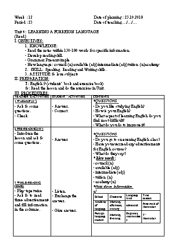 Giáo án Tiếng Anh Lớp 9 - Tuần 12 - Năm học 2018-2019 - Trường THCS Ngô Quang Nhã