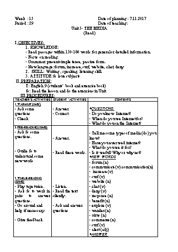 Giáo án Tiếng Anh Lớp 9 - Tuần 15 - Năm học 2017-2018 - Trường THCS Ngô Quang Nhã