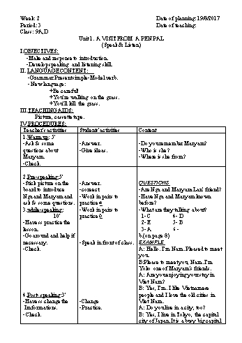 Giáo án Tiếng Anh Lớp 9 - Tuần 2 - Năm học 2017-2018 - Trường THCS Ngô Quang Nhã