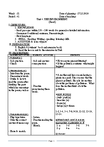 Giáo án Tiếng Anh Lớp 9 - Tuần 21 - Năm học 2018-2019 - Trường THCS Ngô Quang Nhã