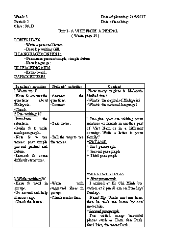 Giáo án Tiếng Anh Lớp 9 - Tuần 3 - Năm học 2017-2018 - Trường THCS Ngô Quang Nhã