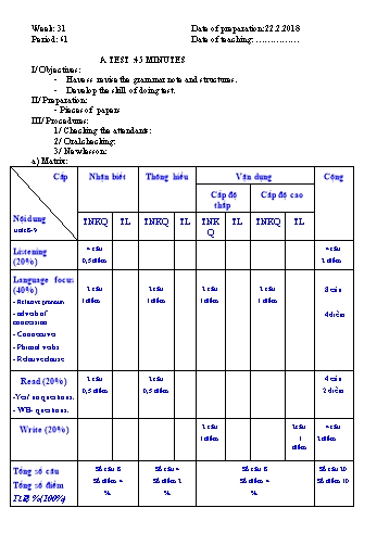 Giáo án Tiếng Anh Lớp 9 - Tuần 31 - Năm học 2017-2018 - Trường THCS Ngô Quang Nhã