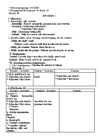 Giáo án Tiếng Anh Lớp 9 - Tuần 35 - Năm học 2018-2019 - Trường THCS Ngô Quang Nhã