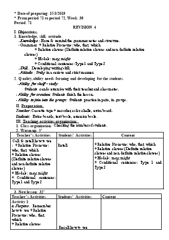 Giáo án Tiếng Anh Lớp 9 - Tuần 36 - Năm học 2018-2019 - Trường THCS Ngô Quang Nhã