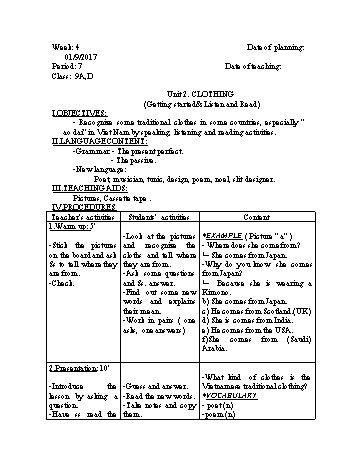 Giáo án Tiếng Anh Lớp 9 - Tuần 4 - Năm học 2017-2018 - Trường THCS Ngô Quang Nhã