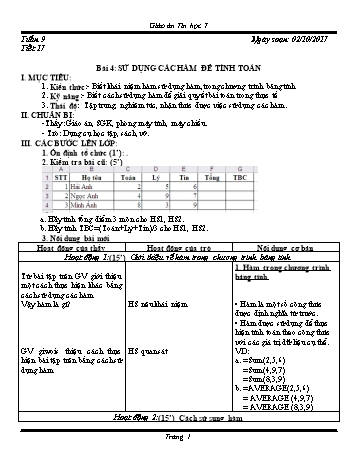 Giáo án Tin học Lớp 7 - Tuần 9 - Năm học 2017-2018 - Trường THCS Ngô Quang Nhã