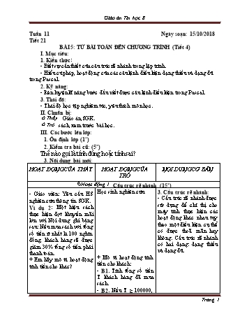Giáo án Tin học Lớp 8 - Tuần 11 - Năm học 2018-2019 - Trường THCS Ngô Quang Nhã