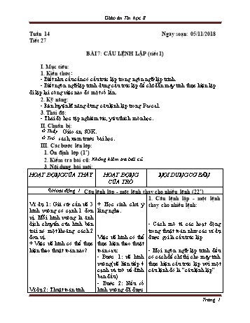 Giáo án Tin học Lớp 8 - Tuần 14 - Năm học 2018-2019 - Trường THCS Ngô Quang Nhã