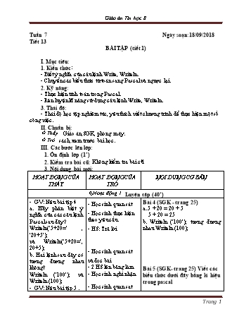 Giáo án Tin học Lớp 8 - Tuần 7 - Năm học 2018-2019 - Trường THCS Ngô Quang Nhã