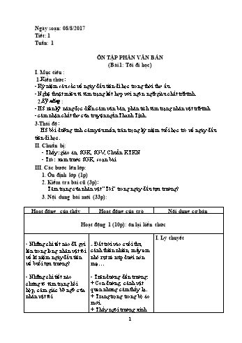 Giáo án Tự chọn Ngữ văn Lớp 8 - Tiết 1: Ôn tập phần Văn bản (Bài 1: Tôi đi học) - Năm học 2017-2018 - Trường THCS Ngô Quang Nhã