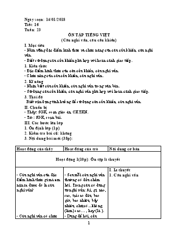 Giáo án Tự chọn Ngữ văn Lớp 8 - Tiết 16: Ôn tập Tiếng Việt (Câu nghi vấn, câu cầu khiến) - Năm học 2017-2018 - Trường THCS Ngô Quang Nhã