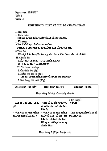 Giáo án Tự chọn Ngữ văn Lớp 8 - Tiết 3: Tính thống nhất về chủ đề của văn bản - Năm học 2017-2018 - Trường THCS Ngô Quang Nhã