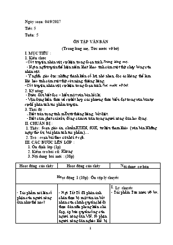 Giáo án Tự chọn Ngữ văn Lớp 8 - Tiết 5: Ôn tập Văn bản (Trong lòng mẹ, Tức nước vỡ bờ) - Năm học 2017-2018 - Trường THCS Ngô Quang Nhã