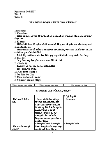 Giáo án Tự chọn Ngữ văn Lớp 8 - Tiết 6: Xây dựng đoạn văn trong văn bản - Năm học 2017-2018 - Trường THCS Ngô Quang Nhã
