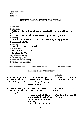 Giáo án Tự chọn Ngữ văn Lớp 8 - Tiết 8: Liên kết các đoạn văn trong văn bản - Năm học 2017-2018 - Trường THCS Ngô Quang Nhã
