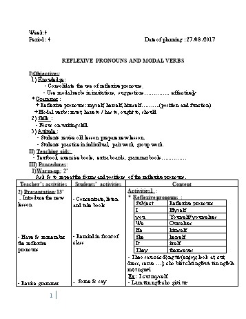 Giáo án Tự chọn Tiếng Anh Lớp 8 - Tuần 4 - Năm học 2017-2018 - Trường THCS Ngô Quang Nhã