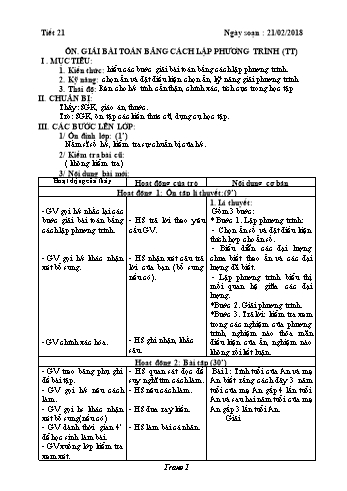 Giáo án Tự chọn Toán Lớp 8 - Tiết 21: Ôn giải bài toán bằng cách lập phương trình (Tiếp theo) - Năm học 2017-2018 - Trường THCS Ngô Quang Nhã