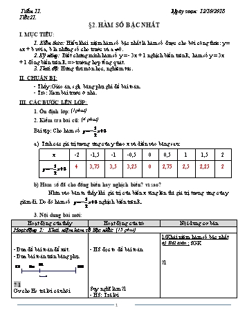 Giáo án Đại số Khối 9 - Tuần 11 - Năm học 2018-2019 - Trường THCS Ngô Quang Nhã