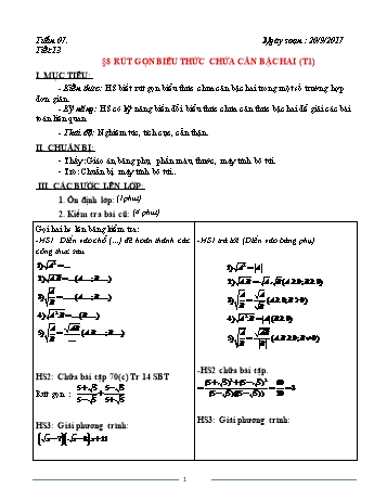Giáo án Đại số Khối 9 - Tuần 7 - Năm học 2017-2018 - Trường THCS Ngô Quang Nhã