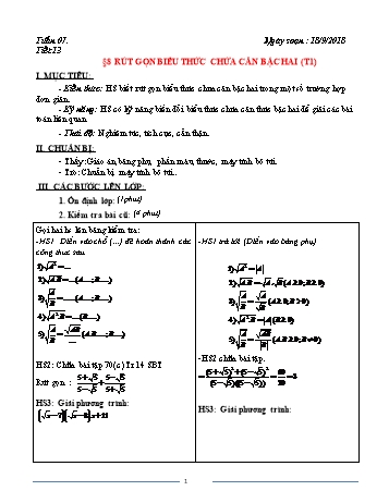 Giáo án Đại số Khối 9 - Tuần 7 - Năm học 2018-2019 - Trường THCS Ngô Quang Nhã