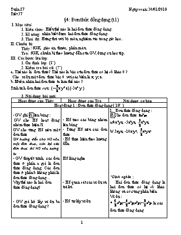 Giáo án Đại số Lớp 7 - Tuần 27 - Năm học 2017-2018 - Trường THCS Ngô Quang Nhã