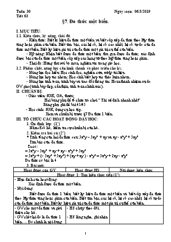 Giáo án Đại số Lớp 7 - Tuần 30 - Năm học 2018-2019 - Trường THCS Ngô Quang Nhã