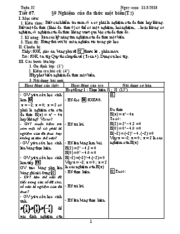 Giáo án Đại số Lớp 7 - Tuần 32 - Năm học 2017-2018 - Trường THCS Ngô Quang Nhã