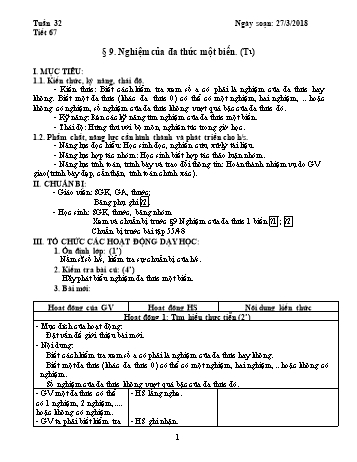 Giáo án Đại số Lớp 7 - Tuần 32 - Năm học 2018-2019 - Trường THCS Ngô Quang Nhã