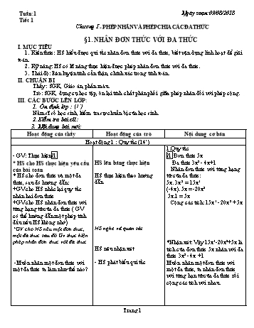 Giáo án Đại số Lớp 8 - Tuần 1 - Năm học 2018-2019 - Trường THCS Ngô Quang Nhã