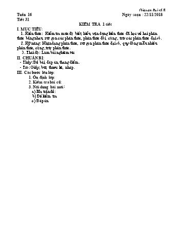 Giáo án Đại số Lớp 8 - Tuần 16 - Năm học 2018-2019 - Trường THCS Ngô Quang Nhã