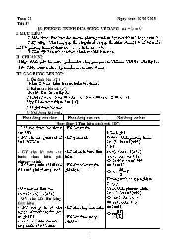 Giáo án Đại số Lớp 8 - Tuần 21 - Năm học 2017-2018 - Trường THCS Ngô Quang Nhã