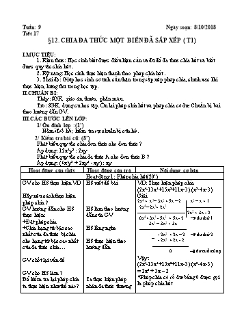 Giáo án Đại số Lớp 8 - Tuần 9 - Năm học 2018-2019 - Trường THCS Ngô Quang Nhã
